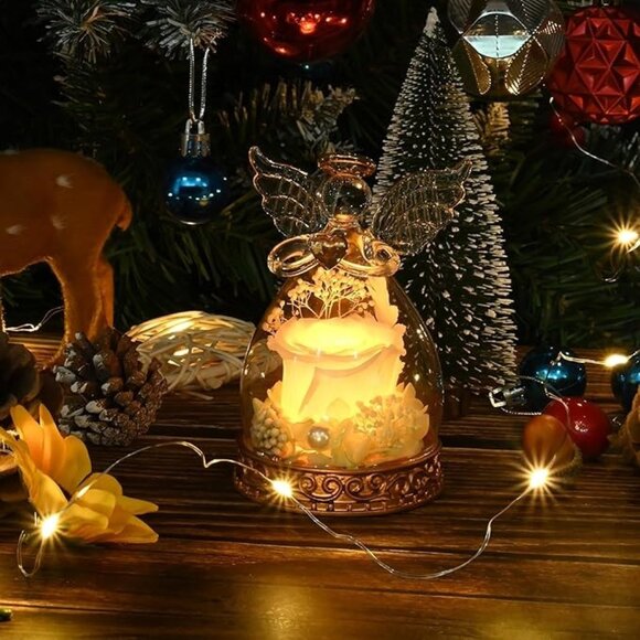 Real Preserved Rose Guardian Angel Glass Dome Copper Plated Base with LED Light - Picture 13 of 13